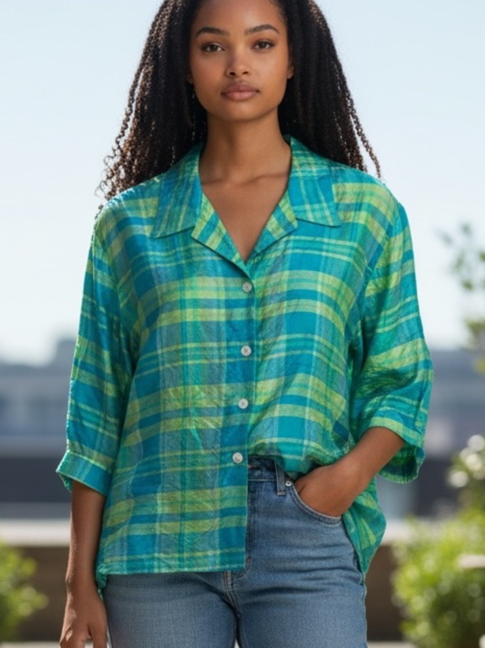 Coldwater Creek Silk Taffeta Plaid Button-Up Top Teal & Lime EUC Cottagecore EUC
